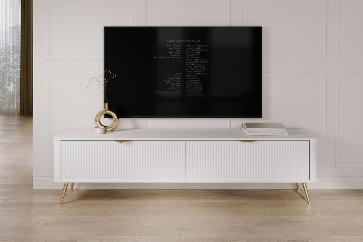 TV-LOWBOARD 200 cm Weiß / Gold - mit geriffelten Fronten und 2 Klappen - Gelb/Goldfarben, Holz/Holzwerkstoff (200/51/38cm) - Ravio