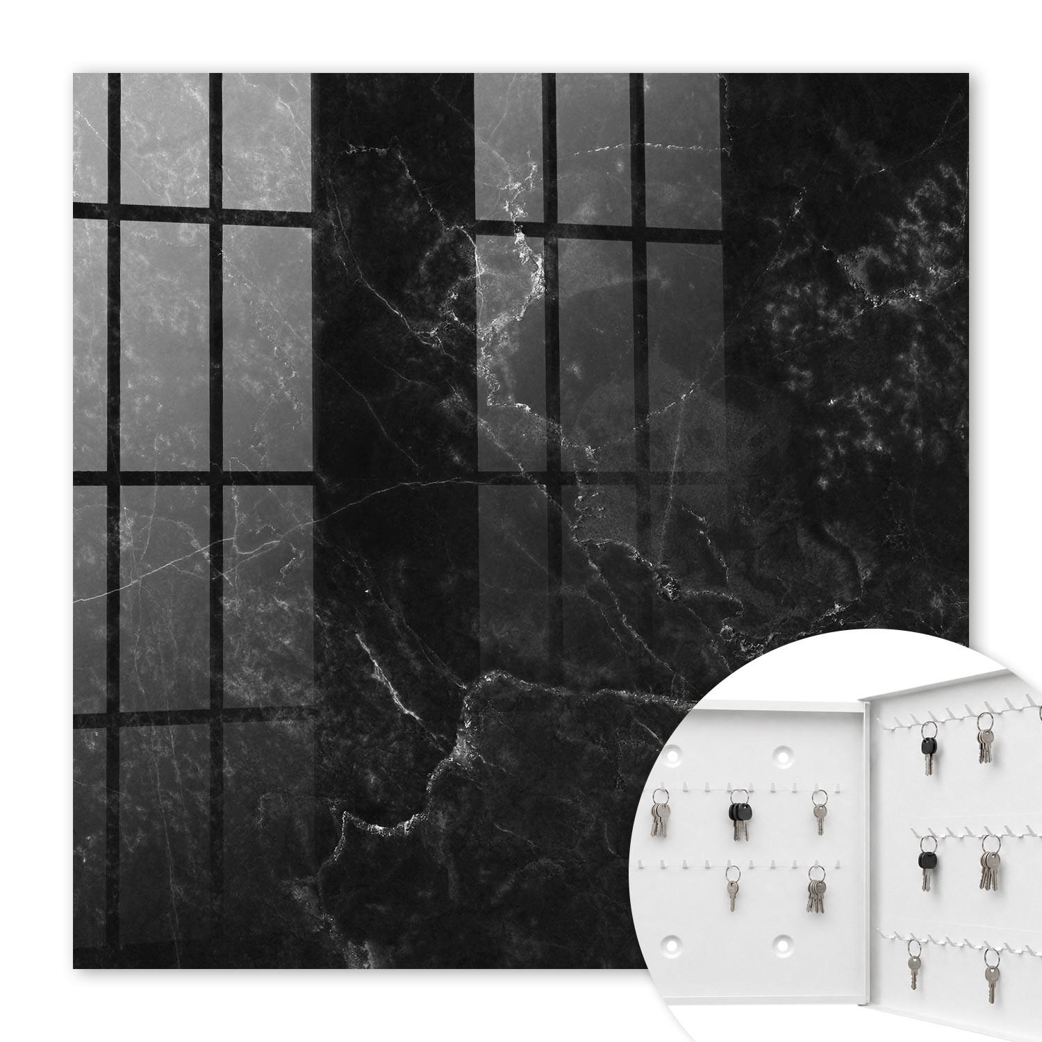 SCHLÜSSELBOX Weiß 30x30 cm – Türöffnung nach rechts - Marmorabstraktion - Schwarz, Metall (30/30/5cm) - TULUP