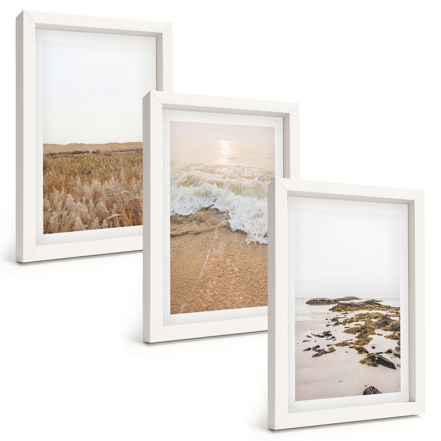 BILDER SET 3er Set - 20x30 cm Weißer Rahmen - Strandwellen, Steine, Sommer - Weiß, Kunststoff (20/30cm) - TULUP