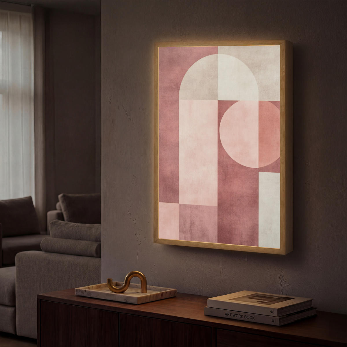 NÁSTĚNNÁ LAMPA S AKUMULÁTOREM Postavy - Abstraktní - Růžová 40x60 cm - starorůžová, kompozitní dřevo (40/60/8cm) - OnlyWow