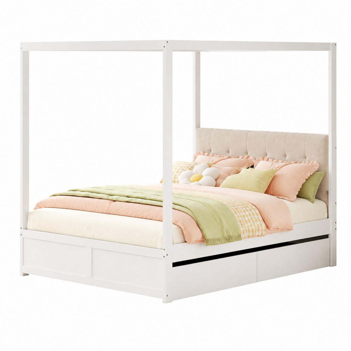 HIMMELBETT 140/200 mit 2 Schubladen und Rückenlehne in Weiß - Weiß, Holzwerkstoff/Metall (140/200cm) - EVRYAE