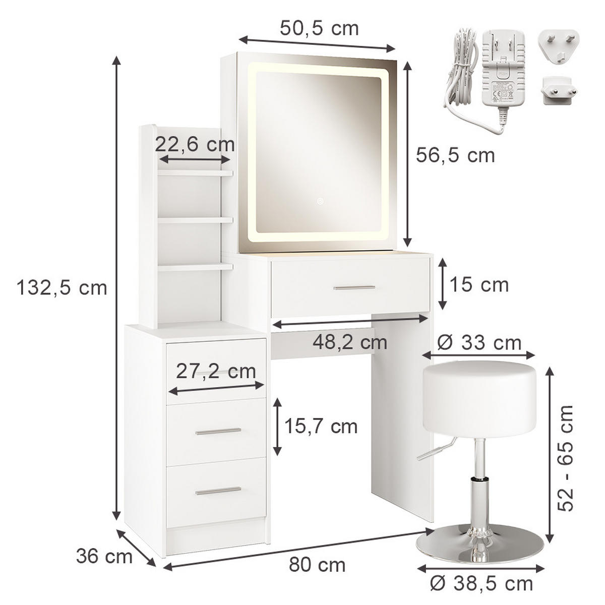 SCHMINKTISCH Lisca Weiß 80 cm mit LED-Spiegel und Hocker - Weiß, Holzwerkstoff (80/131.6/36cm) - Vicco