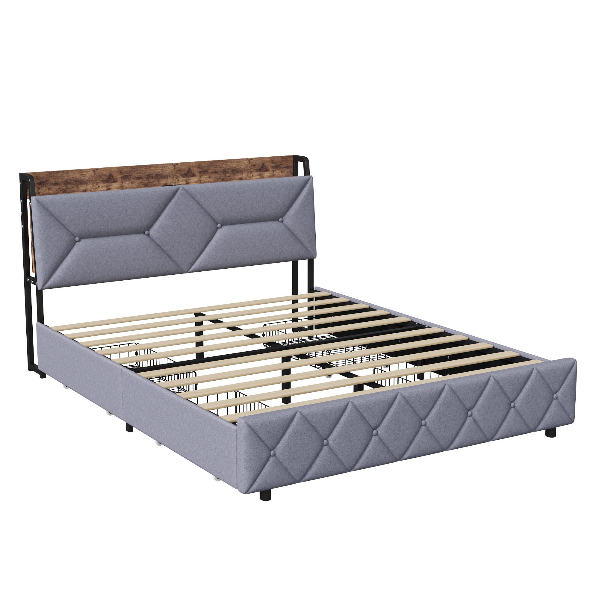 POLSTERBETT 140x200cm Grau Mit 4 Schubladen, USB & Type-C Anschlüsse - Grau, Holz (140/200cm)