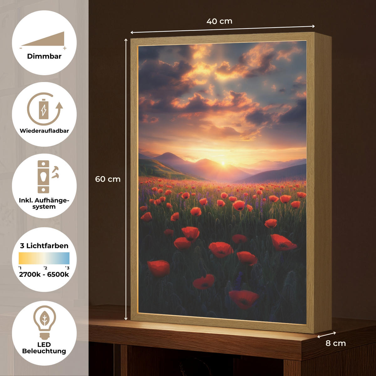 WANDLEUCHTE MIT AKKU Landschaft - Sonnenuntergang - Blumenfeld 40x60 cm - Rot, Holzwerkstoff (40/60/8cm) - OnlyWow