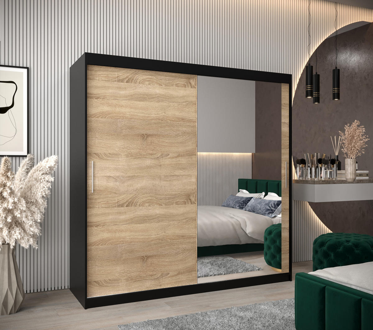 SCHWEBETÜRENSCHRANK 200/200/62 2-türig - Silberfarben/Schwarz, Holz/Kunststoff (200/200/62cm) - Abiks Möbel