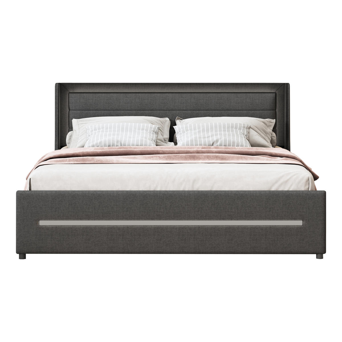 POLSTERBETT 160/200 cm in Grau Leinen mit LED und 4 Schubladen - Grau, Holzwerkstoff/Textil (160/200cm) - WISHDOR