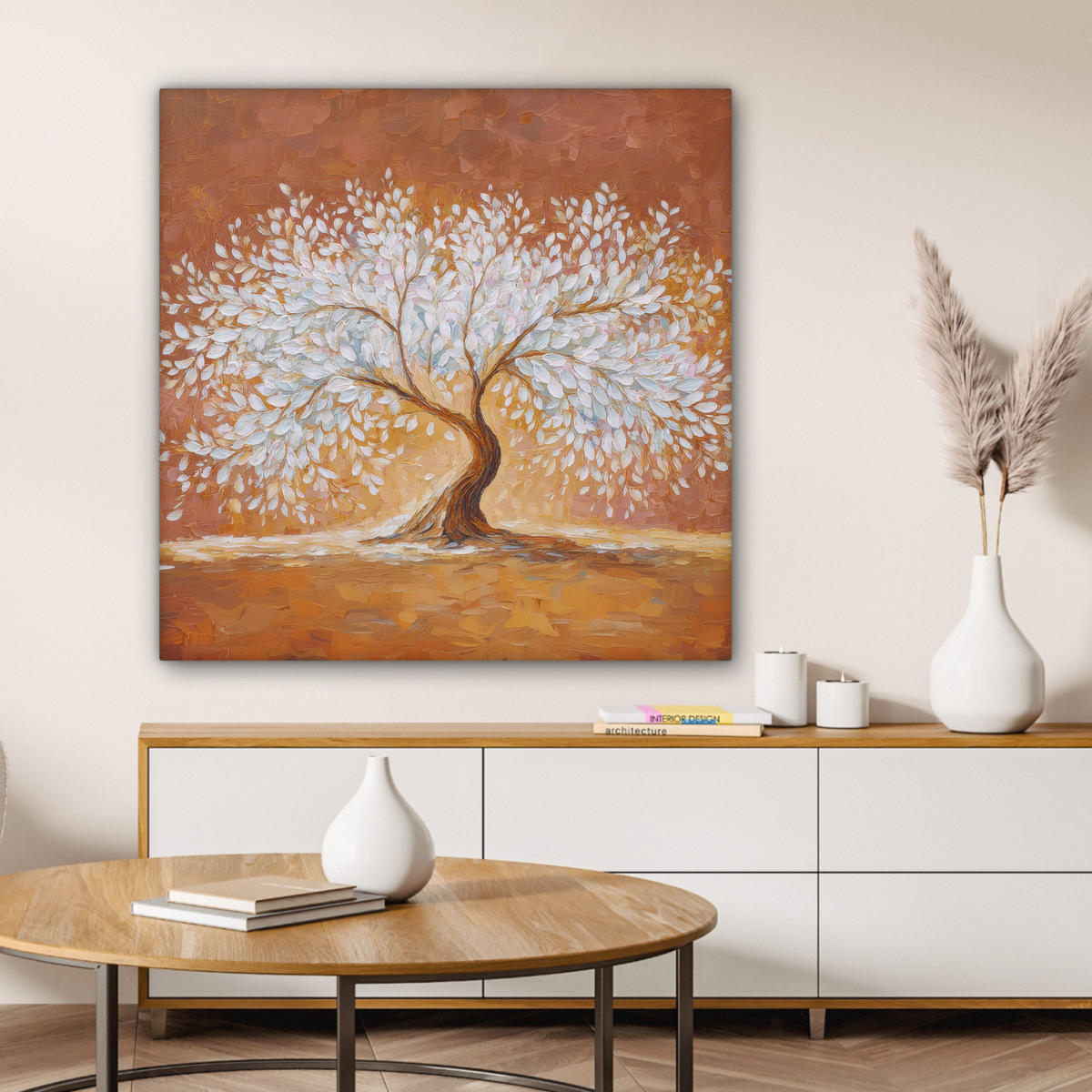 LEINWANDBILD Abstrakt - Baum - Weiß - Blätter Deko Groß 90x90 cm - Braun, Textil (90/90cm) - MuchoWow