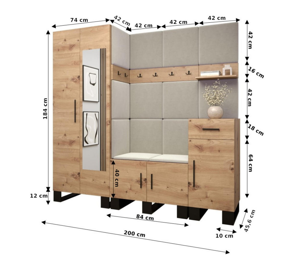 GARDEROBEN-SET 196/200/45,6 - Schwarz/Eiche Artisan, Holz/Kunststoff (200/196/45.6cm) - Abiks Möbel