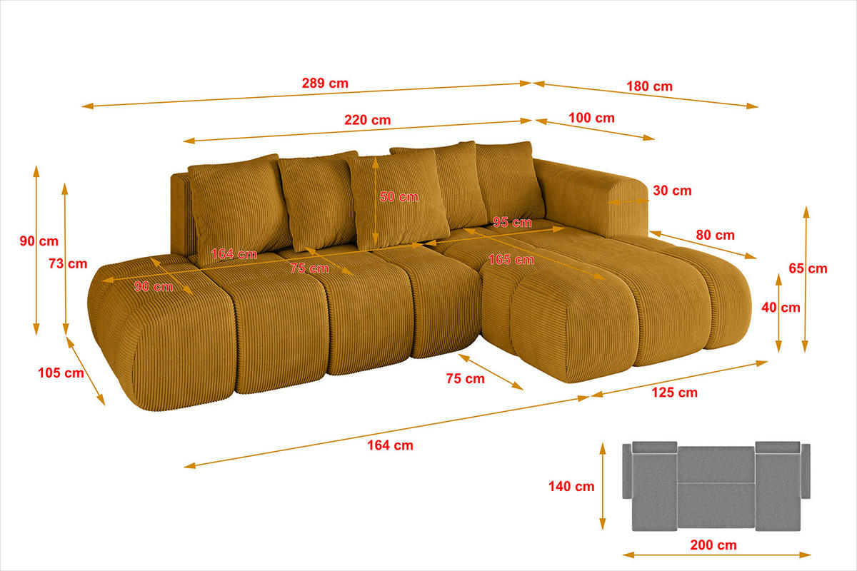 ECKSOFA Ottomane Rechts CLOUD-L-v1 289x180x40 Senfgelb Cord - Currygelb, Holzwerkstoff/Kunststoff (289/180cm) - ALTDECOR