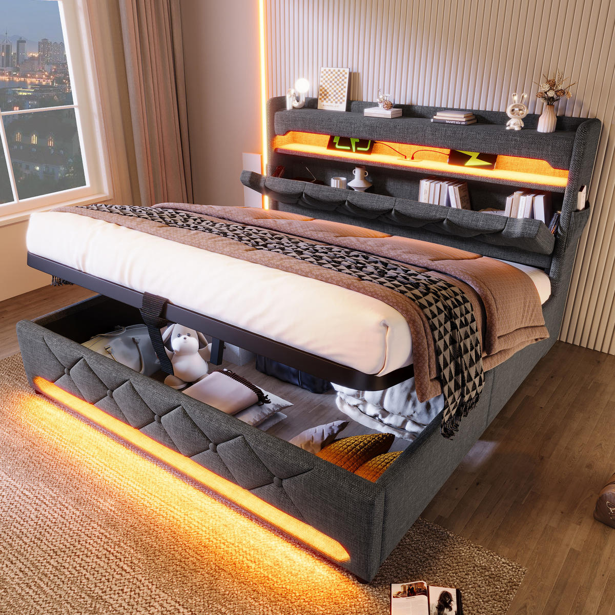 POLSTERBETT aus Leinen 160x200 cm Grau mit Bettkasten, LED-Beleuchtung und USB-/USB-C-Anschluss - Grau, Textil (160/200cm) - IVMEU