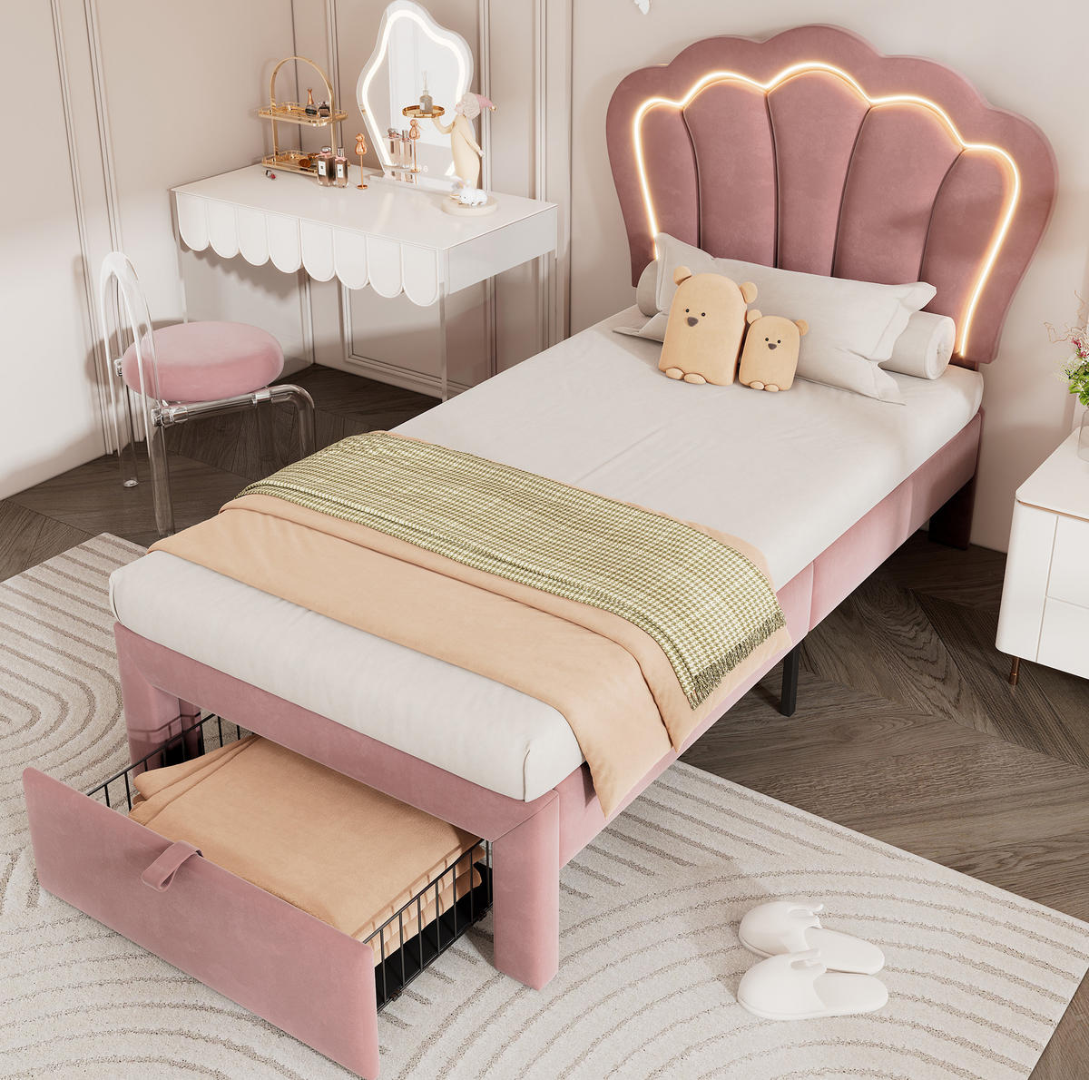 JUGENDBETT 90/190 cm Rosa aus Samt mit LED und Schublade - Rosa, Textil (90/190cm) - OKMYHOME