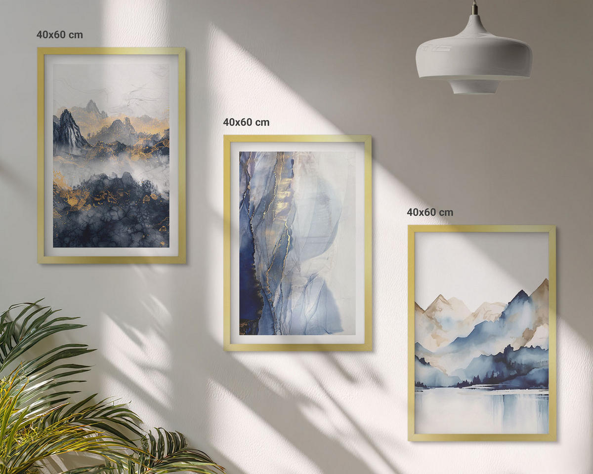 BILDER SET 3er Set - 40x60 cm Goldrahmen - Blaue und graue Berglandschaften - Goldfarben, Kunststoff (40/60cm) - TULUP