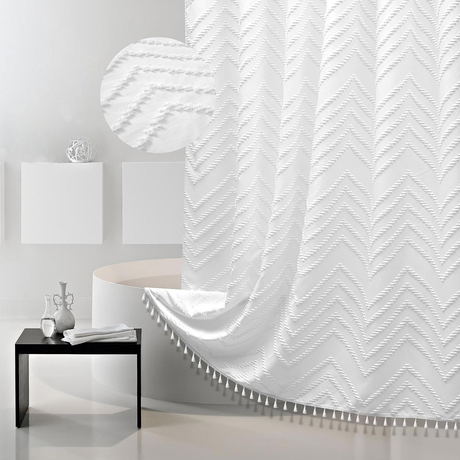 DUSCHVORHANG Boho Weiß wasserdicht Stoff schimmelresistent fürs Badezimmer - Weiß, Textil (91/183cm) - MCBOSON