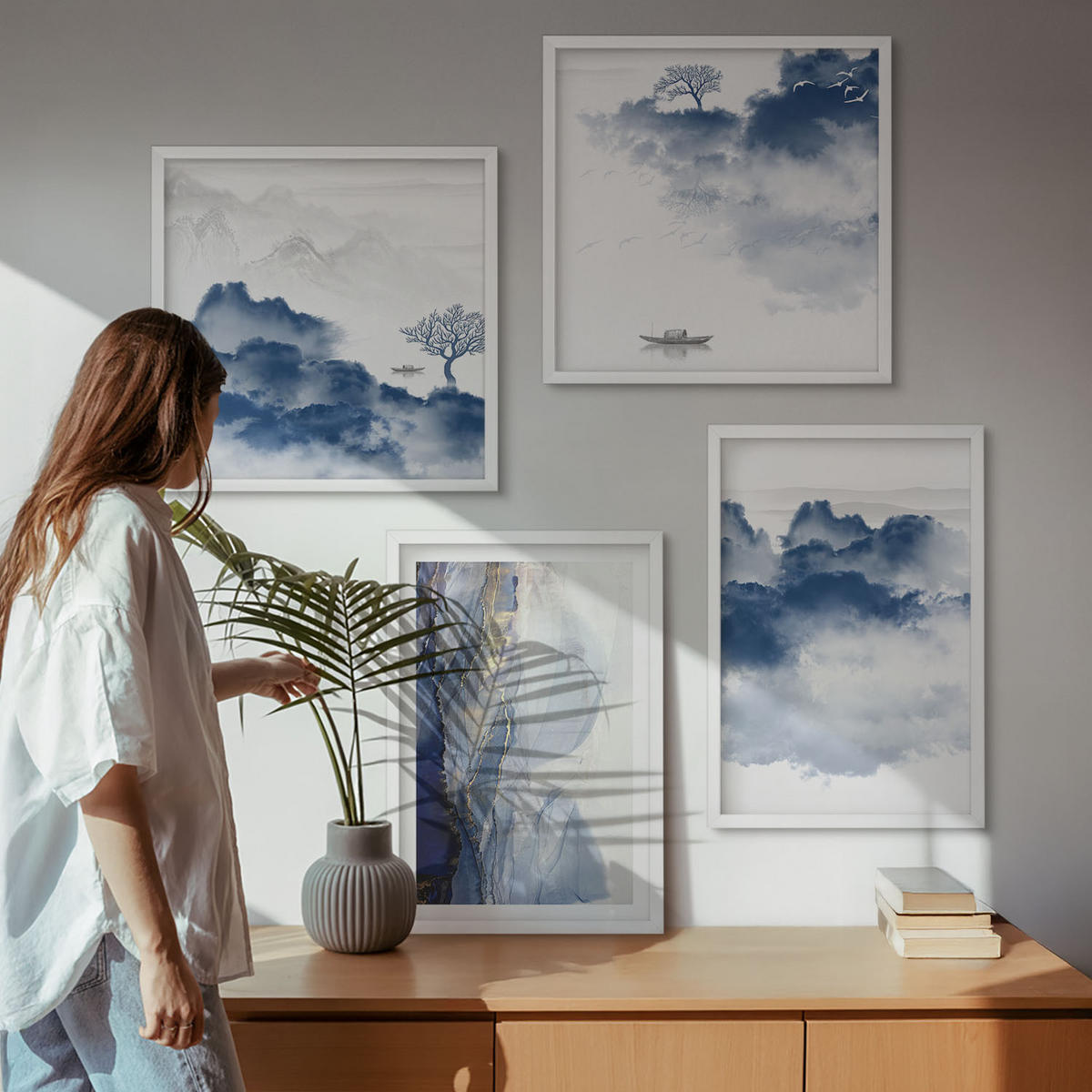 WANDBILDER 4er-Set - 50x50 cm & 40x60 cm Weißer Rahmen - Berge, Wolken, Bäume, Vögel im Hintergrund - Weiß, Kunststoff (50/50cm) - ArtPrintCave