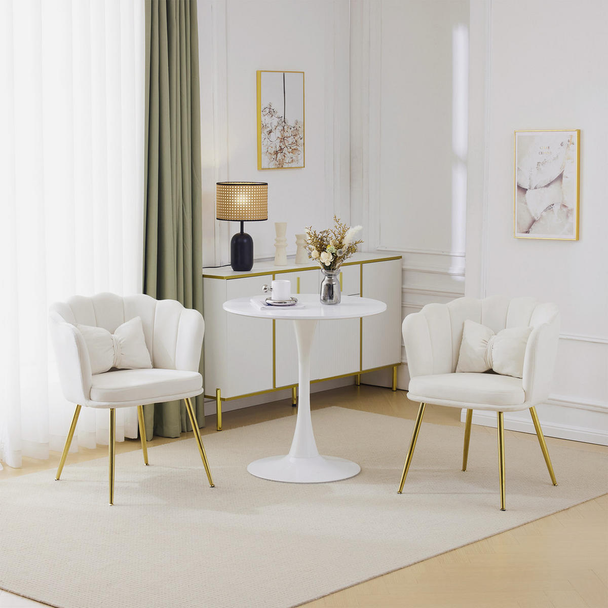 STUHL SET 2-TEILIG Samt Polster Blütenblatt-Rücken Goldfüße & Kissen Beige - Beige, Holz (62/43/54cm) - FLIEKS