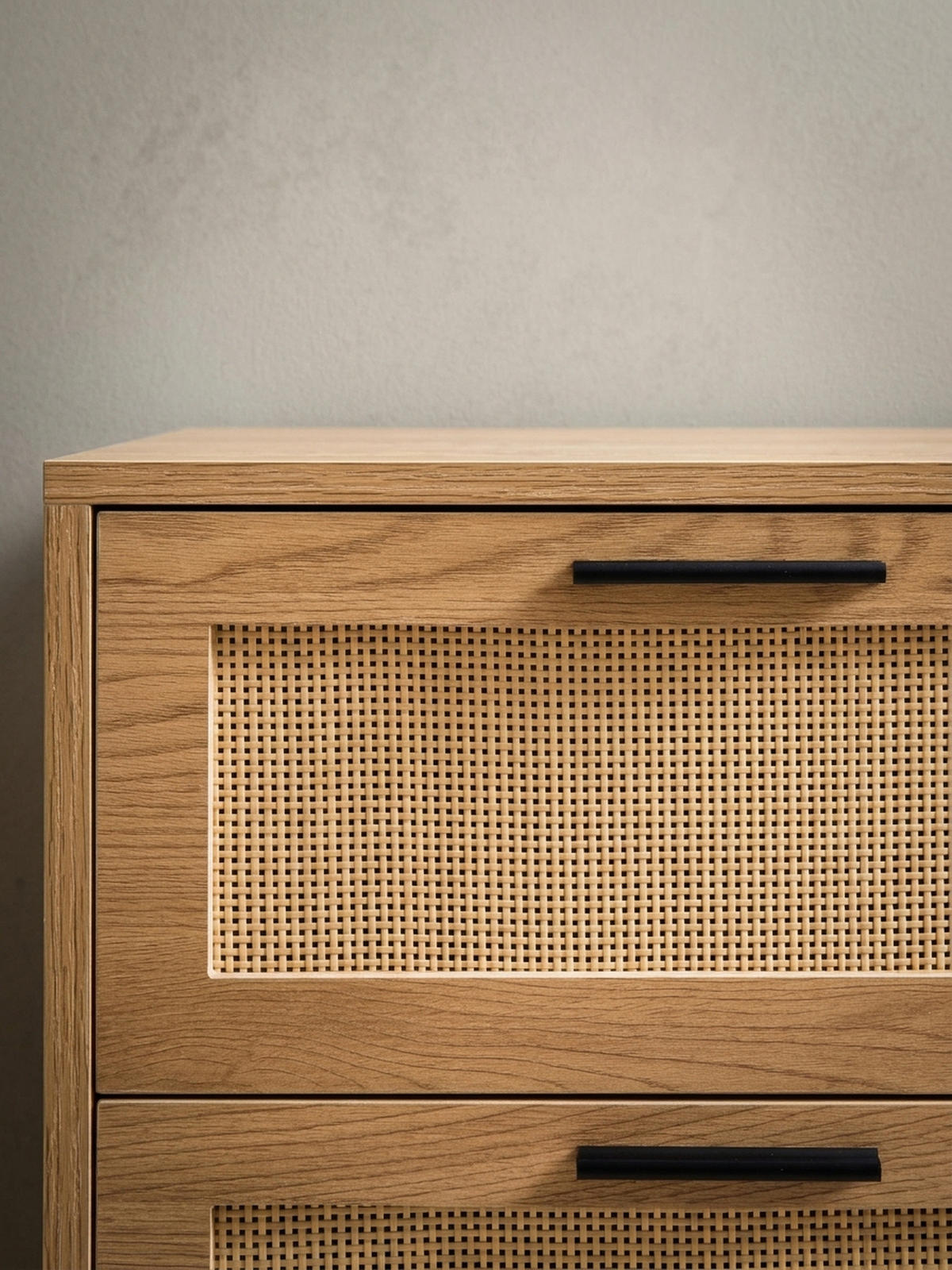 KOMMODE – Eiche-Dekor/Rattan, 80x82x36 cm, 3 Schubladen, 1 Tür, modern - Schwarz/Braun, Holzwerkstoff/Metall (80/82/36cm) - KADIMA DESIGN