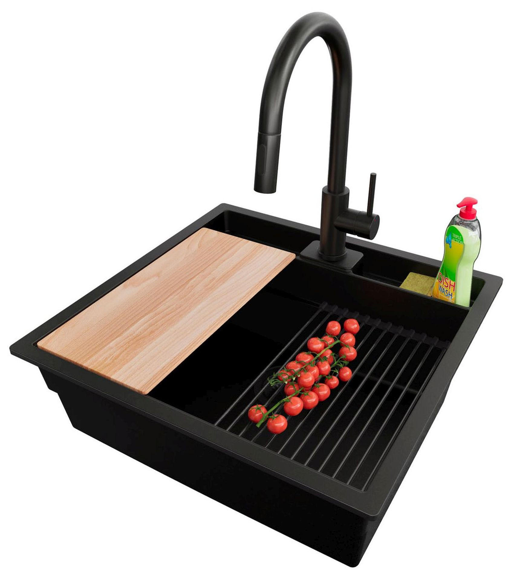 GRANITSPÜLE Bergen Pocket, 2-er set Alles Schwarz 56/54 cm 1 Becken + Küchenarmatur 40/20 cm + Ablauf-Set + Küchenzubehörset ab 60er Unterschrank - Beige/Schwarz, Kunststoff (56/20/54cm) - Primagran