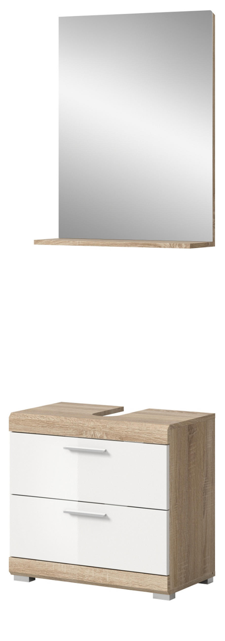 BADMÖBEL-SET weiß Hochglanz, Eiche 2-teilig 60 cm, mit Schubkästen - Weiß Hochglanz/Eichefarben, Holzwerkstoff (60/191/37cm) - Inn.Furn