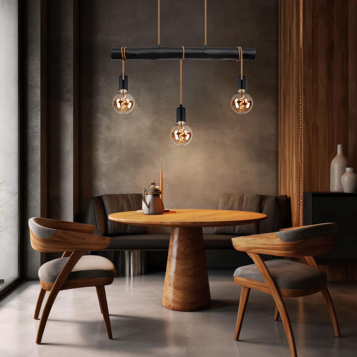HÄNGELEUCHTE Holz Schwarz 3-flammig höhenverstellbar - Schwarz, Holz/Metall (60/5/120cm) - Globo Lighting