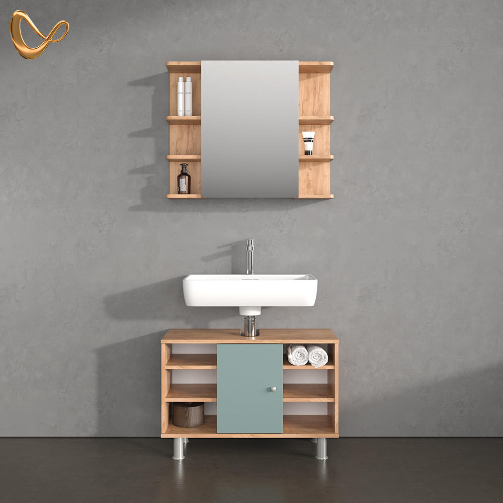 BADMÖBEL-SET Fucino Grün 2 Teile, Unterschrank 80 cm - Honigeiche/Grün, Holzwerkstoff (60/54/32cm) - Livinity®