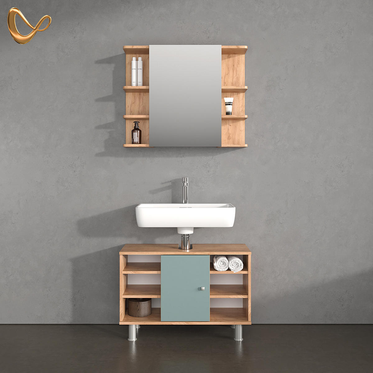BADMÖBEL-SET Fucino Grün 2 Teile, Unterschrank 80 cm - Eiche Wotan/Grün, Holzwerkstoff (60/54/32cm) - Livinity®