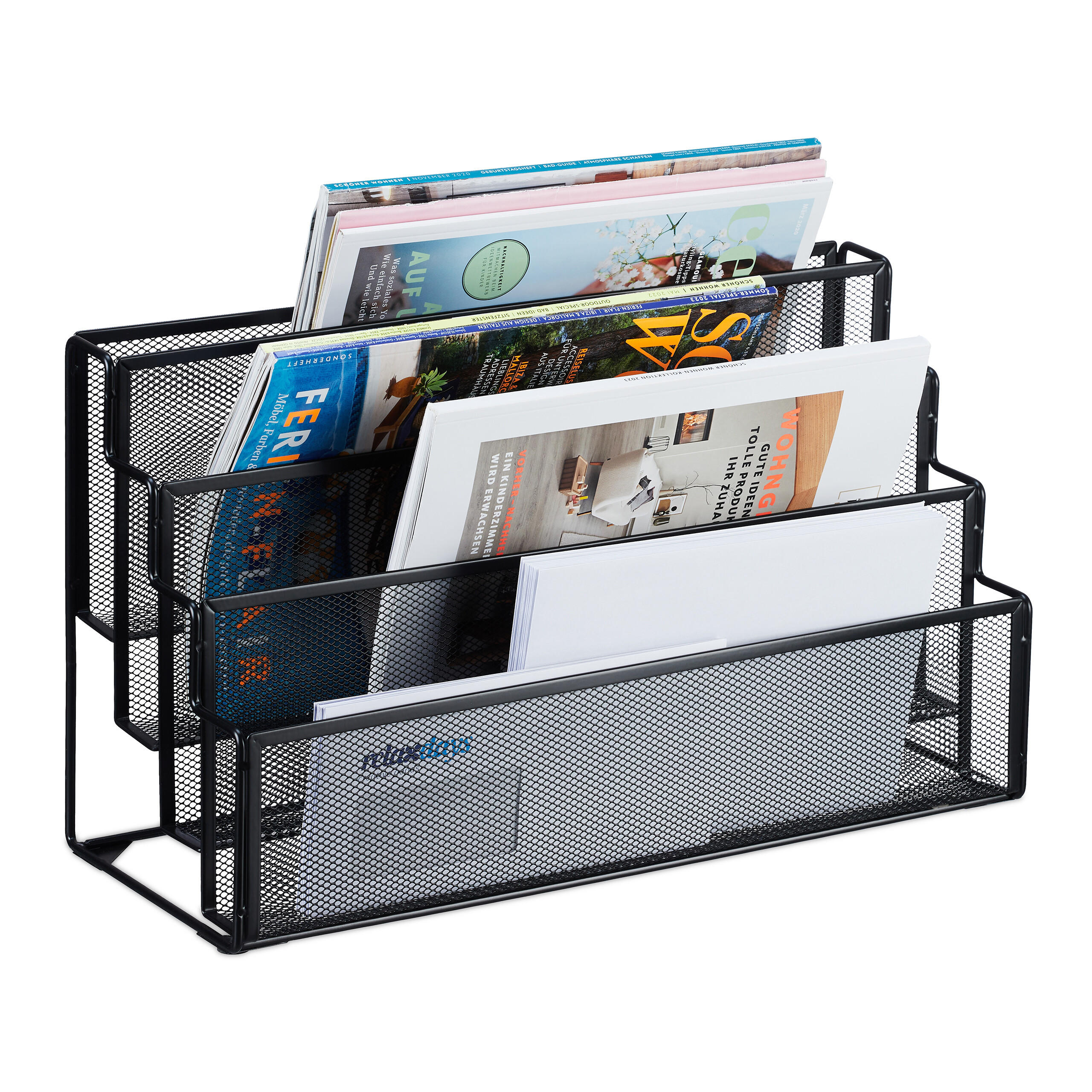 SUPORT Negru metal pentru reviste 4 compartimente 26 cm
