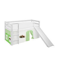 SPIELBETT JELLE Dinos Grün Beige - Hochbett - mit Rutsche und Vorhang - Weiß, Holz - Lilokids