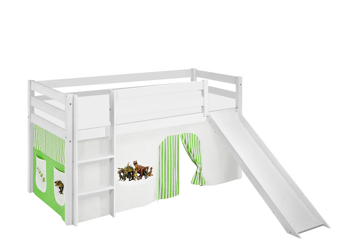 SPIELBETT JELLE Dinos Grün Beige - Hochbett - mit Rutsche und Vorhang - Weiß, Holz - Lilokids