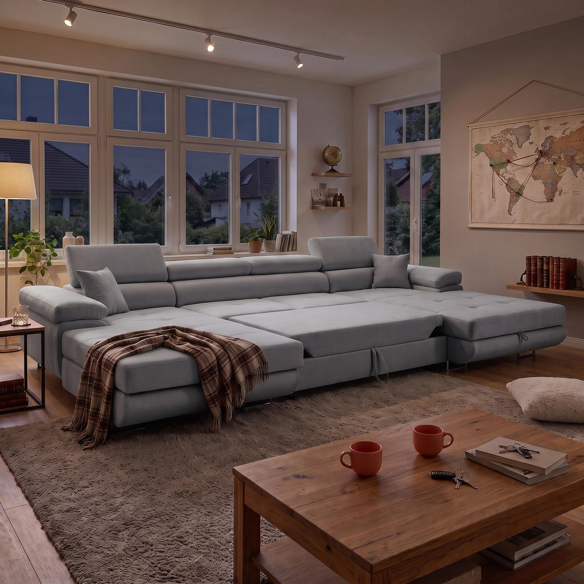 ECKSOFA U-Form ALONZO U mit Schlaffunktion 130x280 Velours Grau - Silberfarben/Grau, Holz/Textil (350/90/203cm) - Muffo