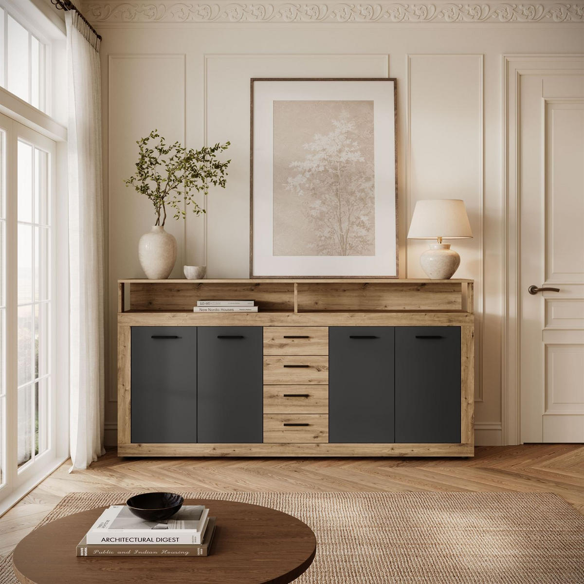 KOMMODE ROMANO mit Schubladen - Schwarz/Eiche Artisan, Holzwerkstoff (190/96/32cm) - Lookway