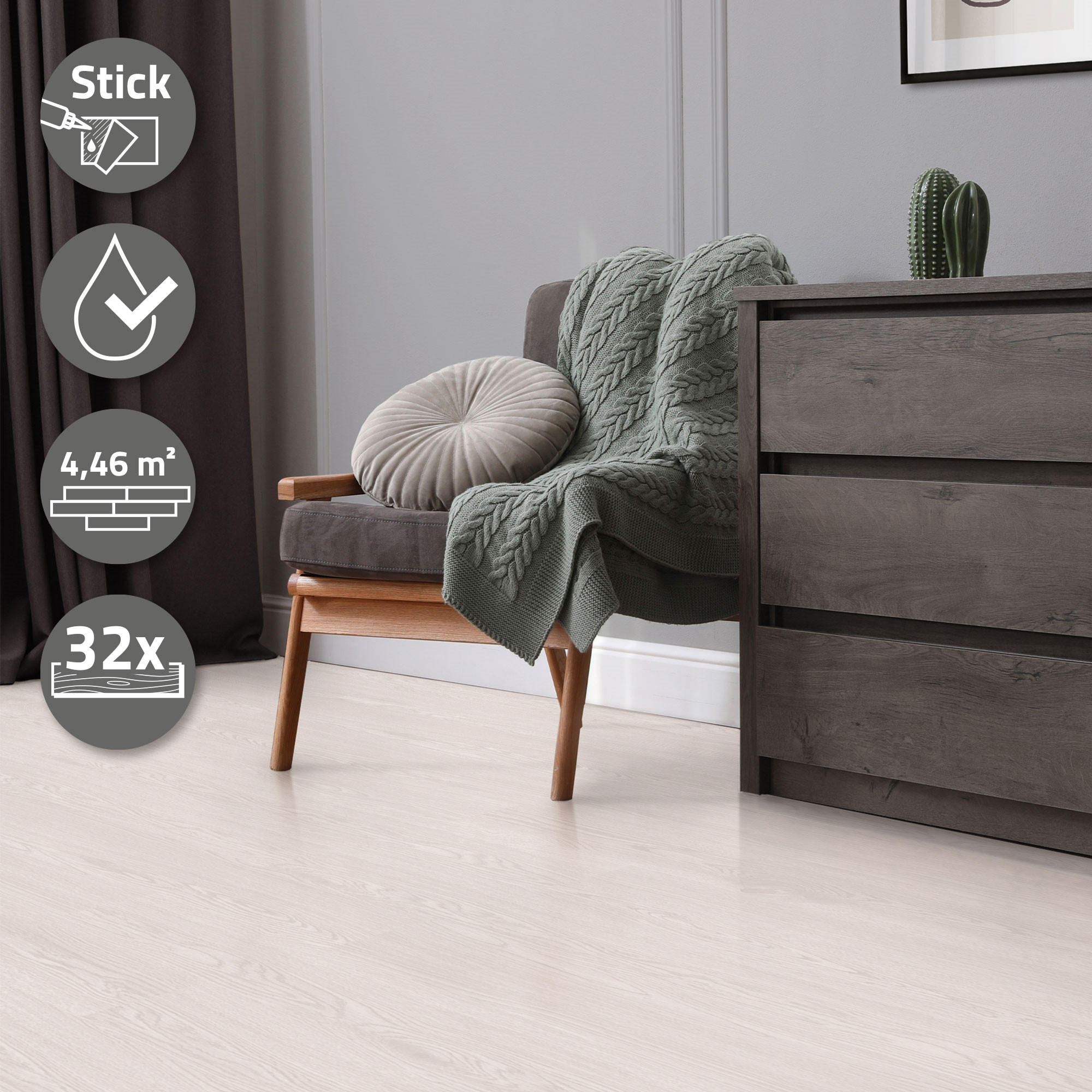 VINYLBODEN selbstklebend 4,46m²/32 Dielen Eiche Weiß - Weiß, Kunststoff (91.5/15.3/91.5cm) - ML-DESIGN