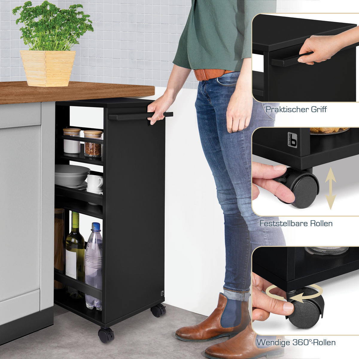 UNIVERSALWAGEN Bengt Schwarz - Schwarz, Naturmaterialien/Holz (38/79/50cm) - BoMoe