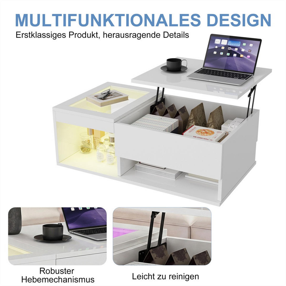 COUCHTISCH Rechteckig - Höhenverstellbarer Couchtisch mit LED - Hochglanz Lift-Top Tisch mit Glasablage - Weiß - Weiß, Holzwerkstoff (55/100/35cm) - DELFA