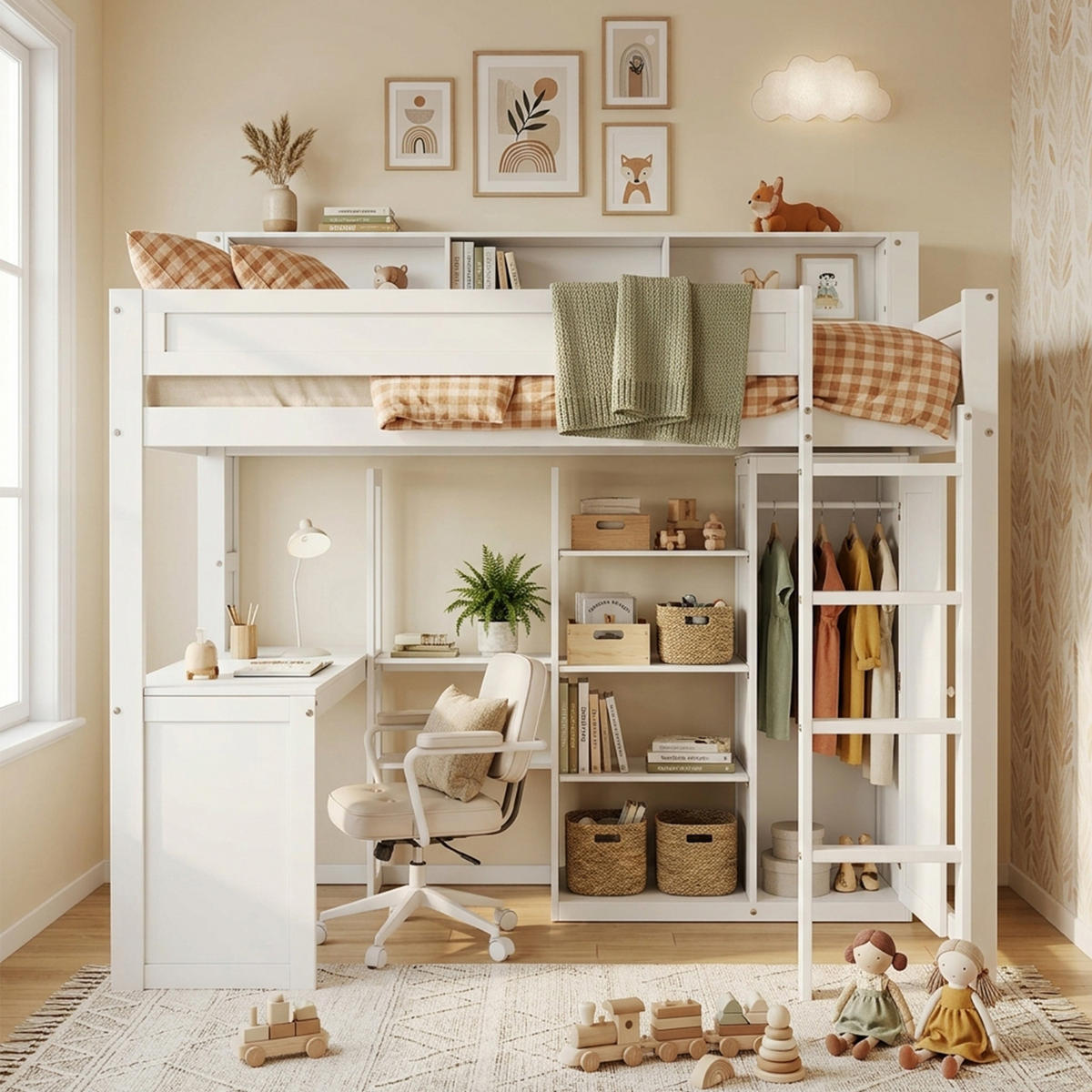 ETAGENBETT 90/200 cm in Weiß mit Regal, Tisch und Kleiderschrank - Weiß, Holz/Holzwerkstoff (90/200cm) - WISHDOR