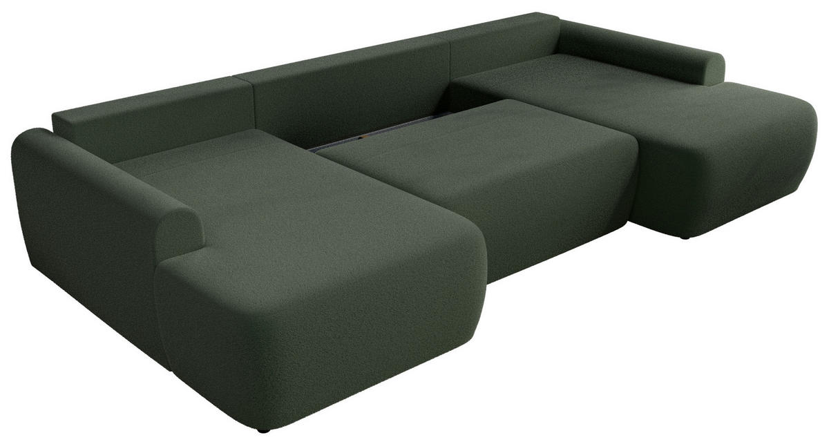 WOHNLANDSCHAFT CUBO U Dunkelgrün Boucle - Dunkelgrün/Schwarz, Kunststoff/Textil (370/100/187cm) - MKS