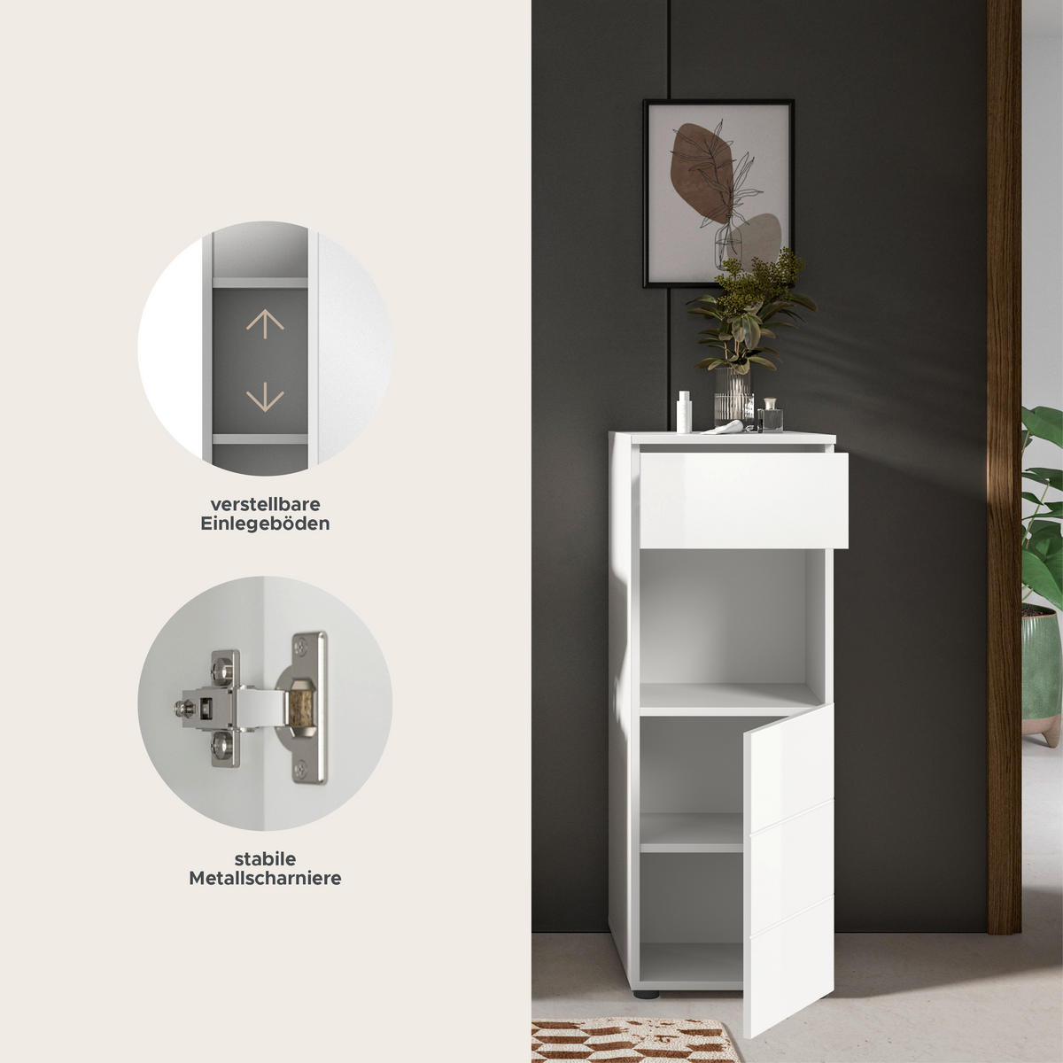 STANDSCHRANK VIRA (B/H/T: ca. 38/106/34 cm) in weiß/weiß hochglanz - Weiß, Holzwerkstoff (38/106/34cm)