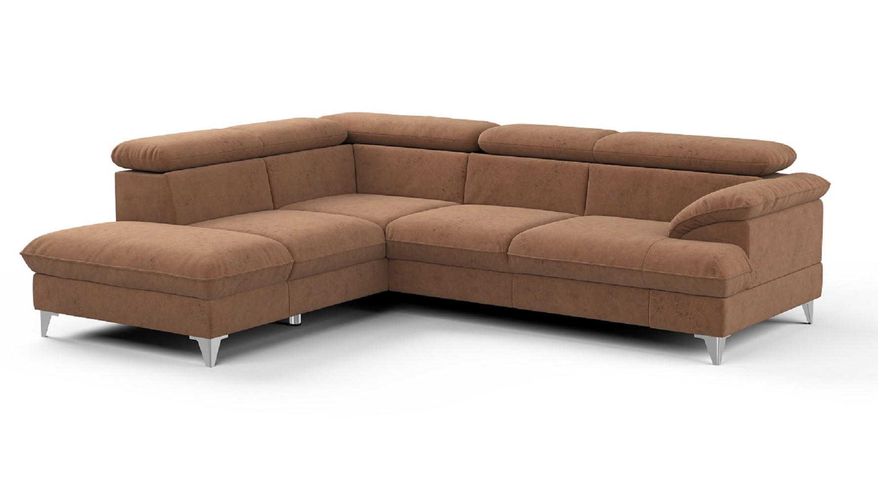 ECKSOFA mit Schlaffunktion und Bettkasten, verstellbare Kopfstützen - Chromfarben/Braun, Textil/Metall (256/208cm) - Cotta