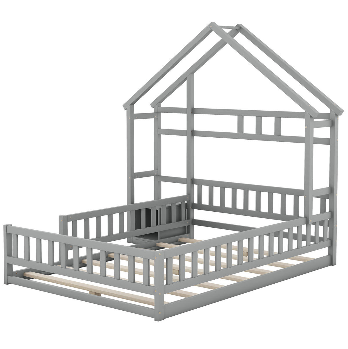 HAUSBETT 140/200 cm in Grau – aus Kiefernholz mit Geländer und Nachttisch - Grau, Holz (140/200cm) - BEAOK