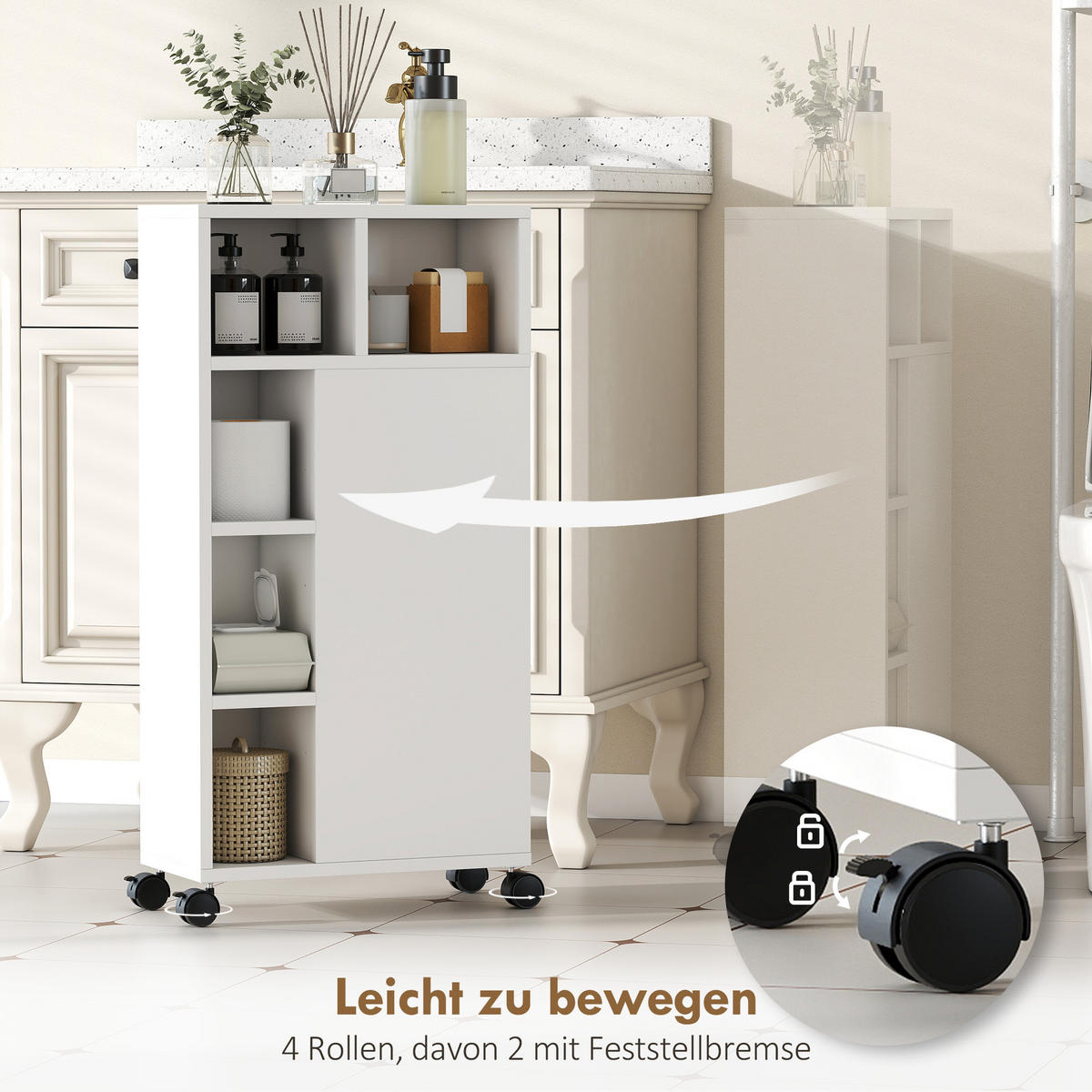 BADEZIMMERSCHRANK Schmal mit 4 Rollen, 3 Schubladen, 5 offenen Fächern, Weiß - Weiß, Holzwerkstoff (20/80/40cm) - HOMCOM