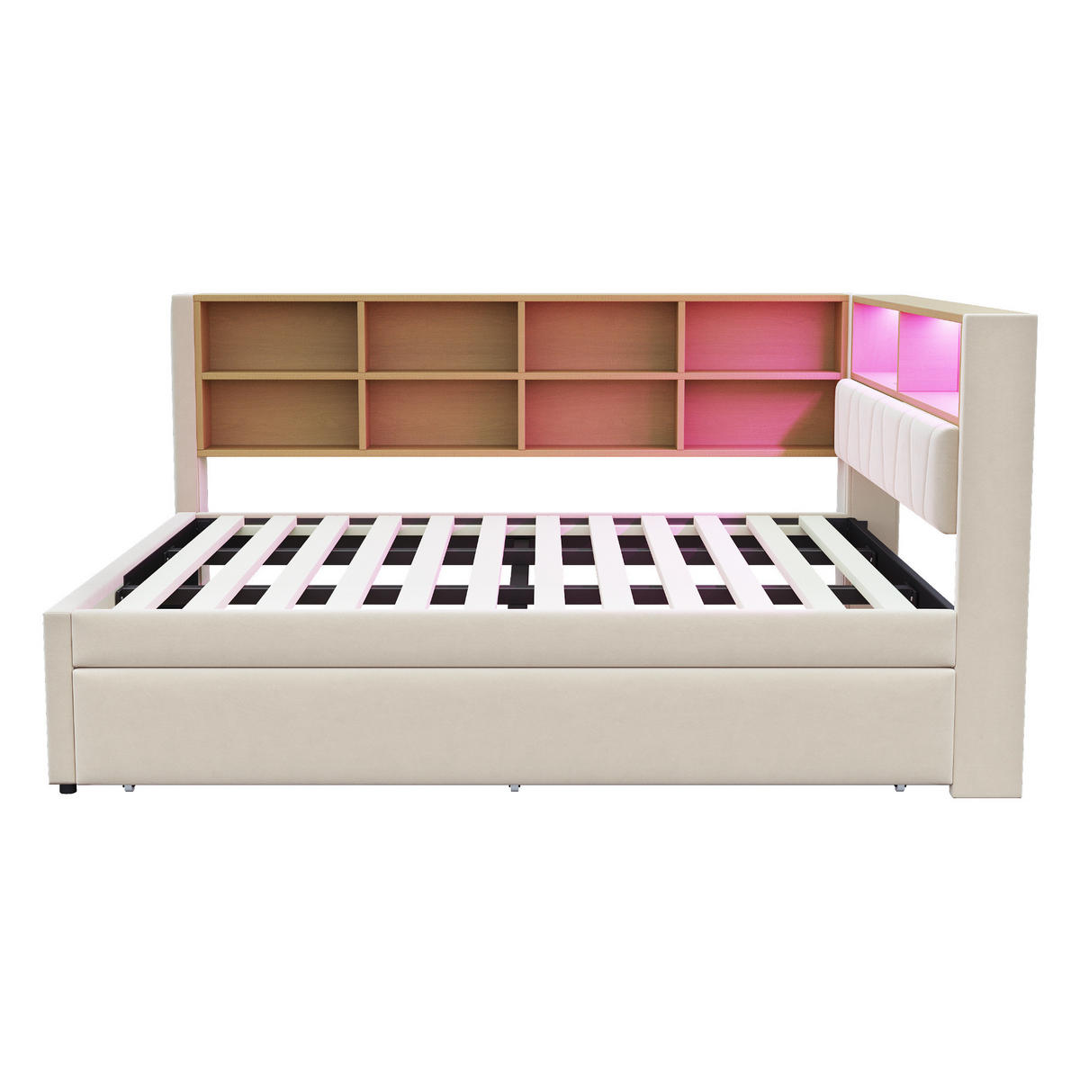 BETT mit Ausziehbett 140/200 cm & 90/190 cm mit LED-Beleuchtung und USB-Anschlüssen Flanell Beige - Beige, Textil (140/200cm) - OKWISH