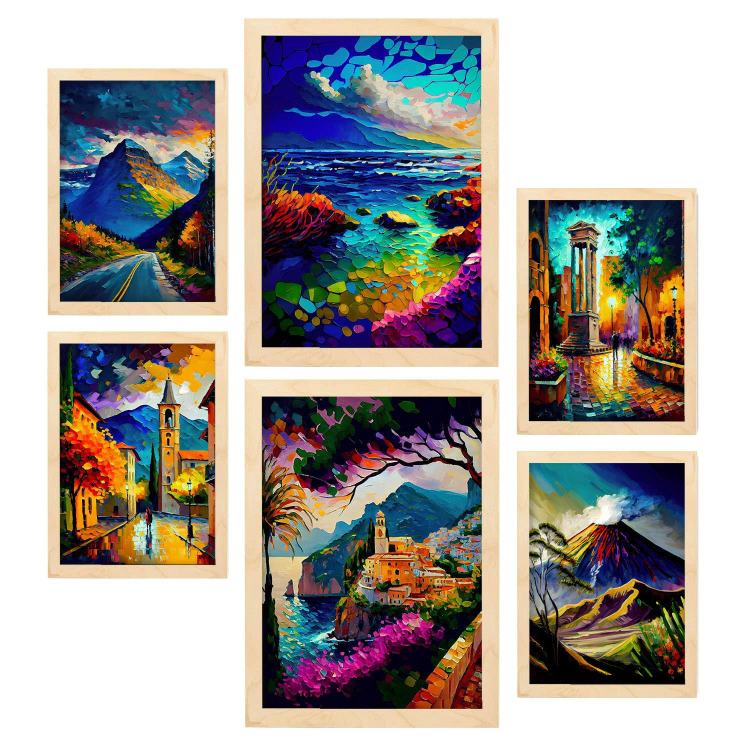 POSTER Set Mit 6 Berge Im Ölgemälde Stil A3 & A4 Rahmen Aus Hellem Holz - Beige, Papier (29/3cm) - Nacnic