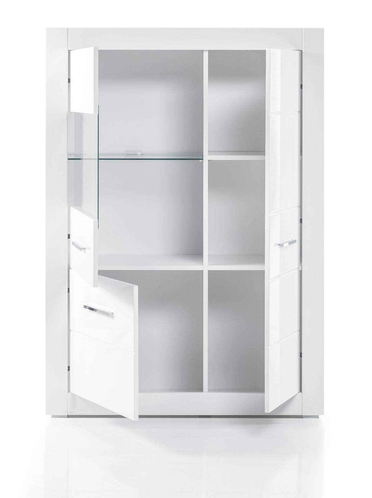 WOHNWAND weiß Hochglanz 4-teilig 335 cm, Wohnkombination mit viel Stauraum - Chromfarben/Weiß Hochglanz, Glas/Holzwerkstoff (335/198/45cm) - Furn.Design