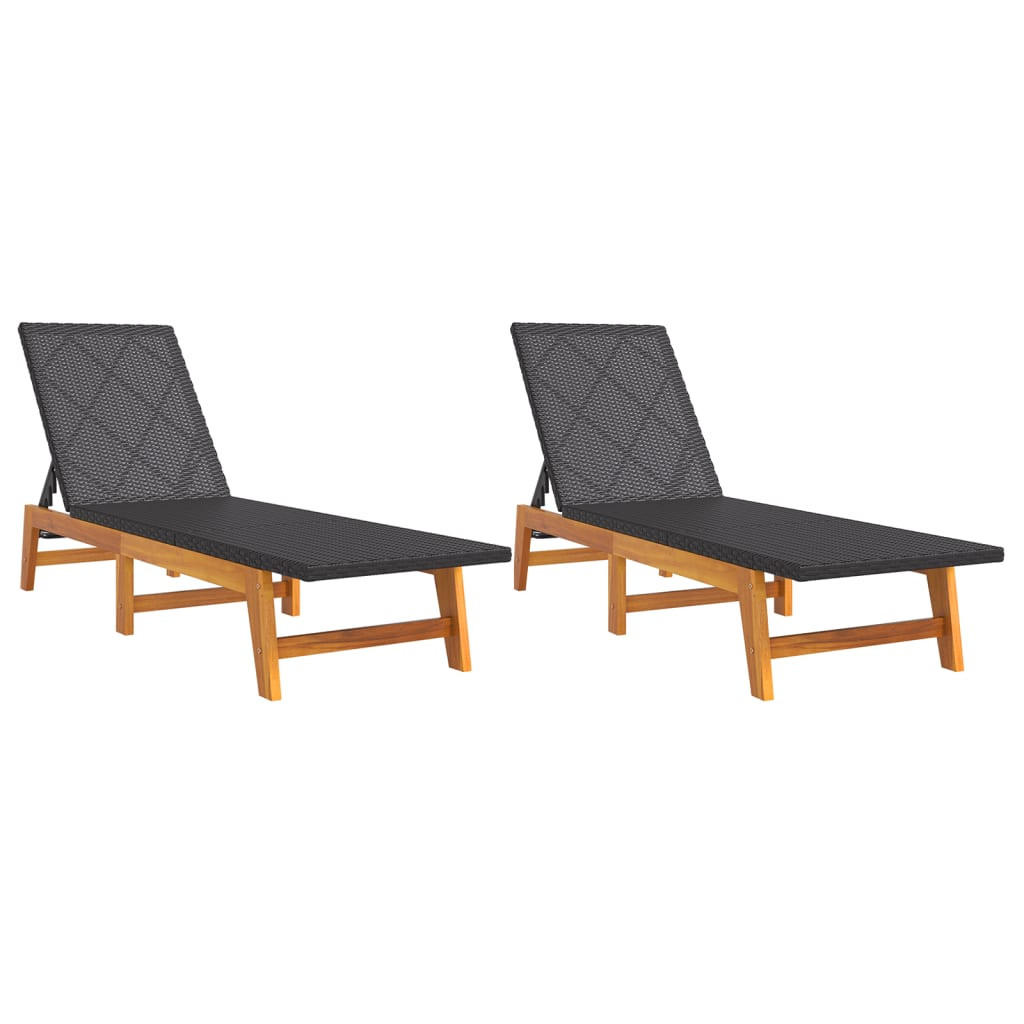 SONNENLIEGEN 2 Stk. Schwarz Braun Poly Rattan Massivholz - Schwarz, Holz (54/87/200cm) - furnicato