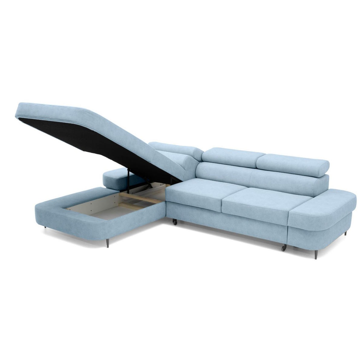 ECKSOFA JAZZ L Links mit Schlaffunktion 127x216 Velours Hellblau - Schwarz/Hellblau, Holz/Textil (285/237cm) - Muffo