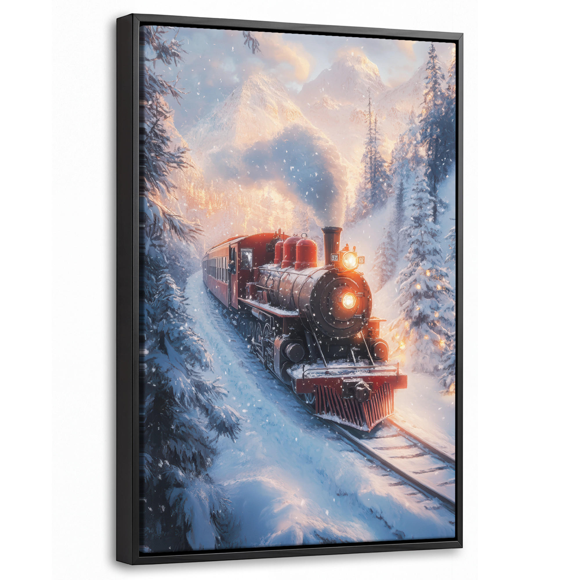 LEINWAND Bilder mit Rahmen - Weihnachtszug - Schnee - Winter - Weihnachten - 20x30 - Dunkelrot, Textil (20/30cm) - MuchoWow