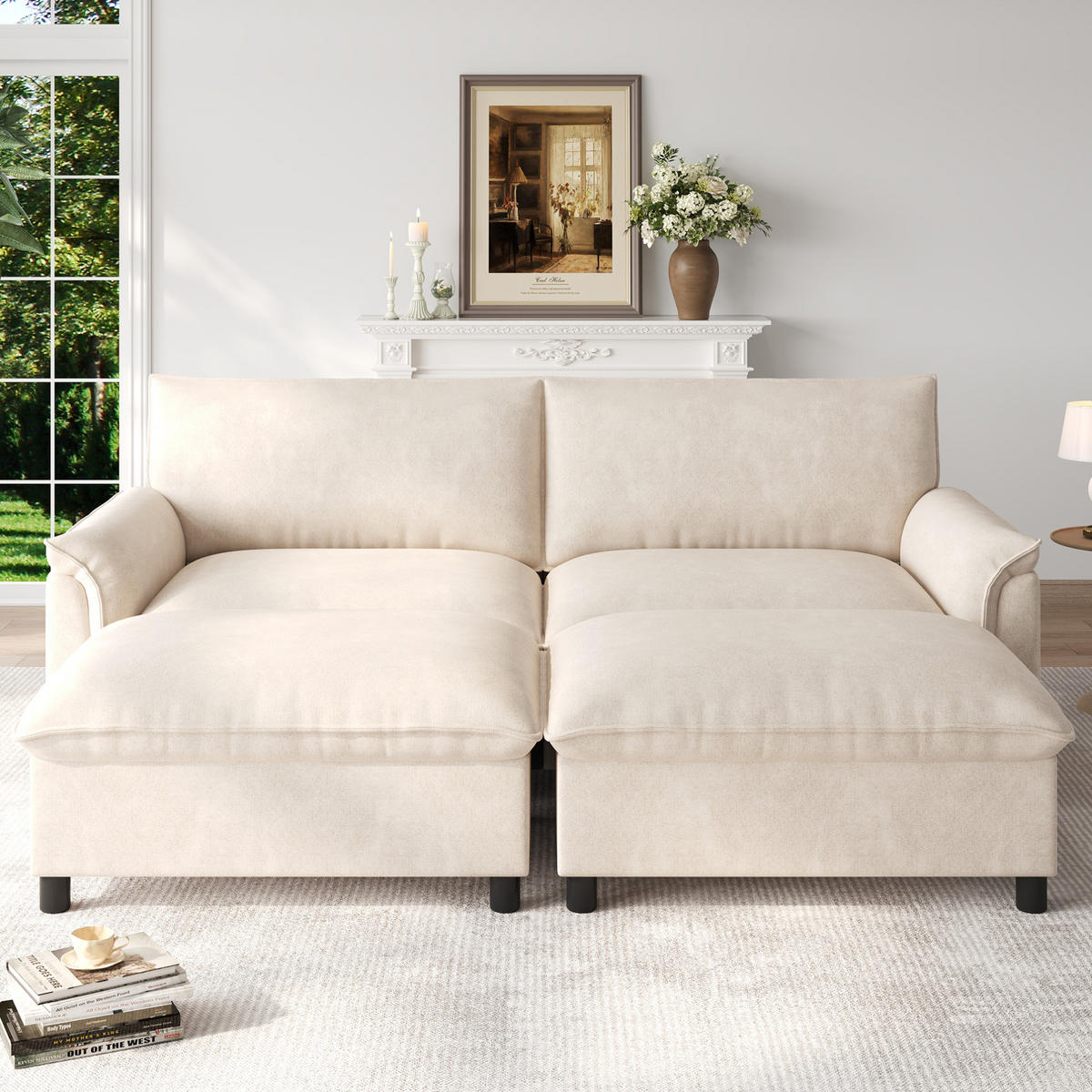 ECKSOFA 216/77/82 cm mit Schlaffunktion, beweglichem Fußhocker und Stauraum aus Chenille, Beige - Beige, Textil (216/77cm) - Redom