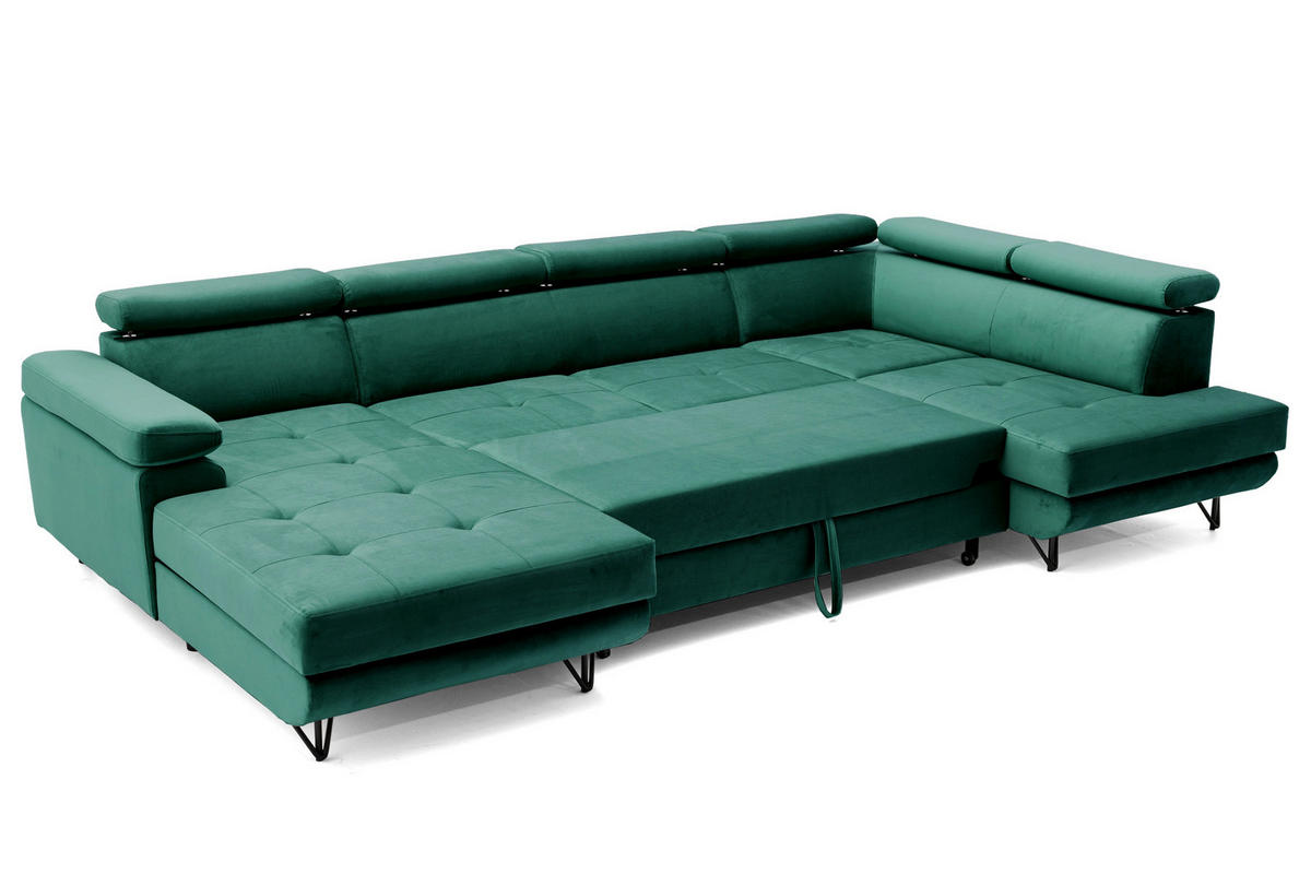ECKSOFA U-Form JUNIOR U Rechts mit Schlaffunktion 128x254 Velours Dunkelgrün - Dunkelgrün/Schwarz, Holz/Textil (184/90/323cm) - Muffo