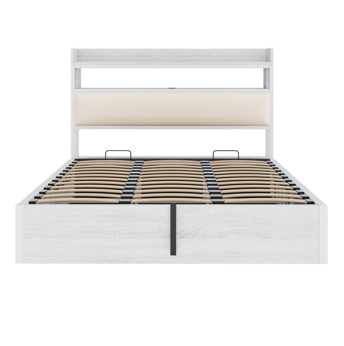 BETT 180/200 cm Weiß mit Stauraum, USB-Anschlüssen und Vintage-Look - Weiß, Metall (180/200cm) - Flora Grace