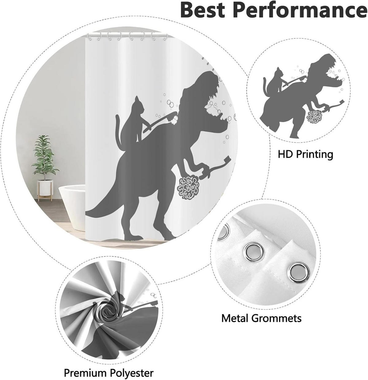 DUSCHVORHANG Weiß Katze Dinosaurier lustig waschbar Stoff mit Haken - Weiß, Textil (200/180cm) - MCBOSON