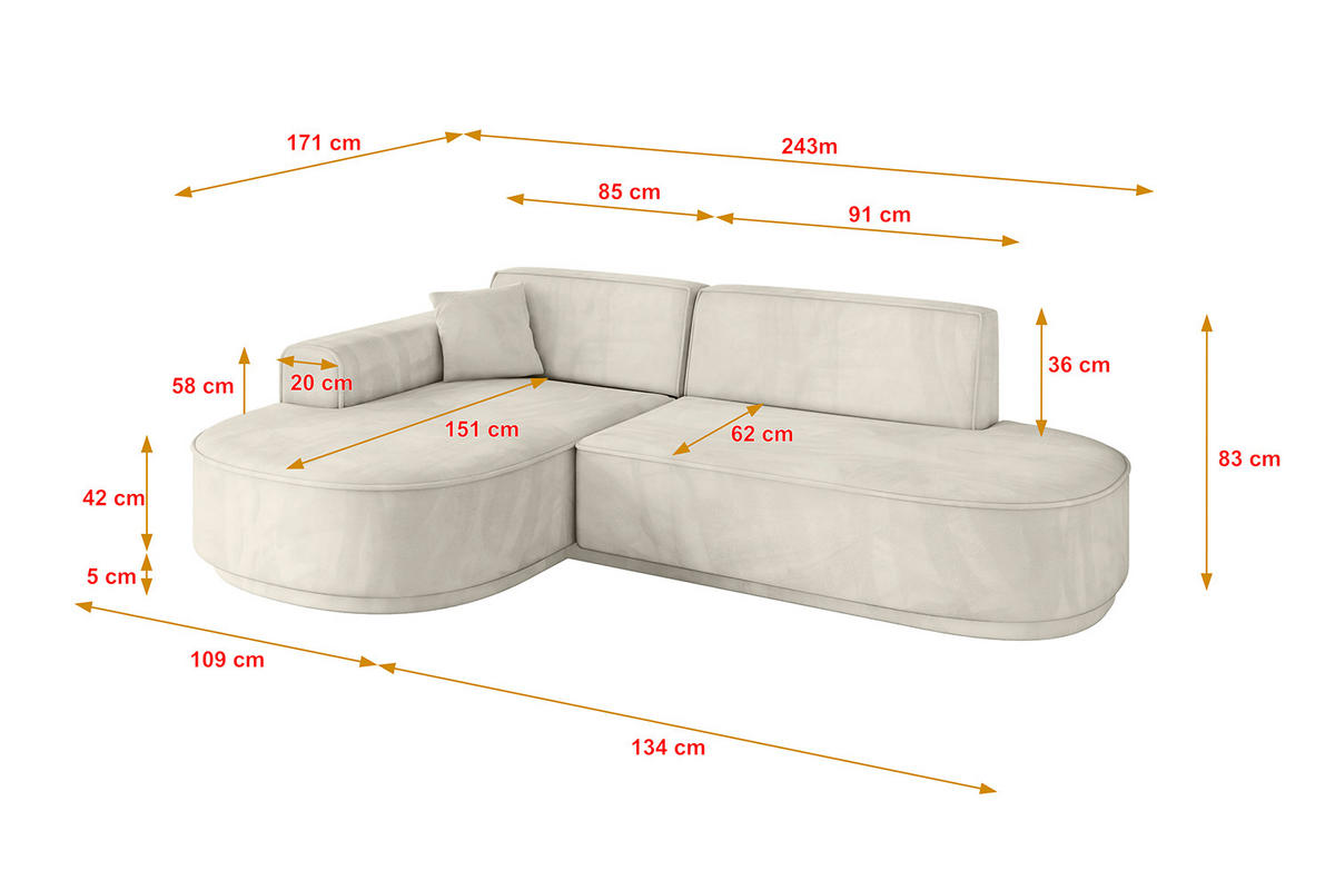 ECKSOFA Ottomane Links MARI-L1-v3 - 243x171x83 cm Ecru Velours - Ecru/Schwarz, Holzwerkstoff/Kunststoff (243/171cm) - ALTDECOR